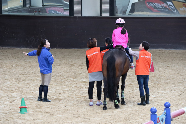 한국마사회 재활힐링승마센터 과천점에서는 재활승마 강습자들이 말과 교감을 시도하며 말에 오르고 내리는 모습